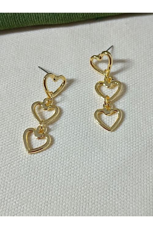 Gold Üç Sıralı Kalp Hafif  Kadın Küpe
