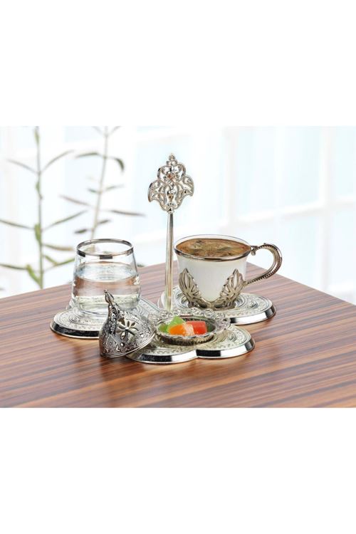 Tek Kişilik Gümüş Metal Porselen Kahve Fincan Takımı
