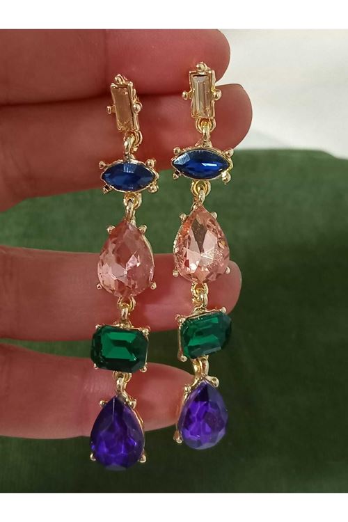 Mor Yeşil Pembe Zirkon Taşlı Sallantılı Uzun Abiye Kadın Küpe