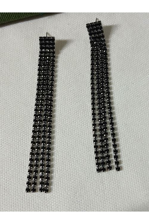 Siyah Taşlı 9cm Sallantılı Uzun Kadın Abiye Küpe-4 Şeritli