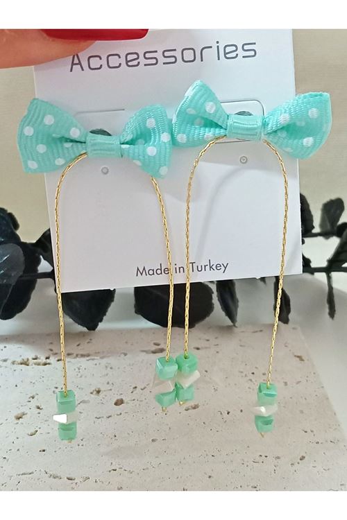 Mint Yeşili Puantiyeli Fiyonk Sallantılı Kadın Küpe