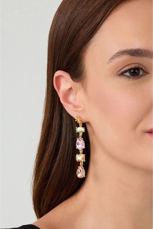 Pembe Zirkon Taşlı  Sallantılı Uzun Abiye Kadın Küpe