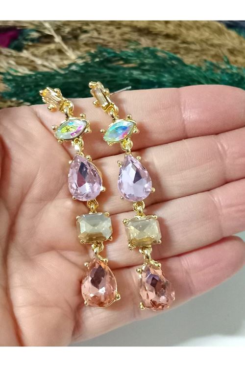 Pembe Zirkon Taşlı  Sallantılı Uzun Abiye Kadın Küpe