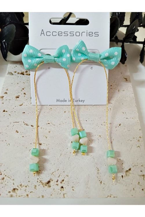 Mint Yeşili Puantiyeli Fiyonk Sallantılı Kadın Küpe