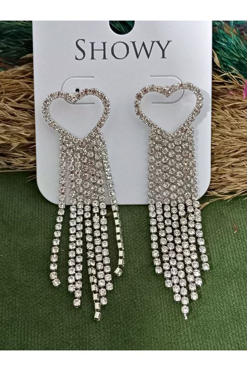 Kristal Taşlı Sallantılı Uzun Kadın Abiye Küpe