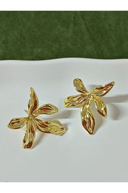 Gold Çiçek Tasarım Büyük Kadın Küpe