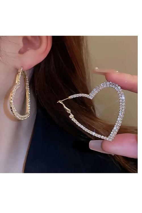 Gümüş Kristal Taşlı Büyük Kalp Kadın Abiye Küpe,suyolu