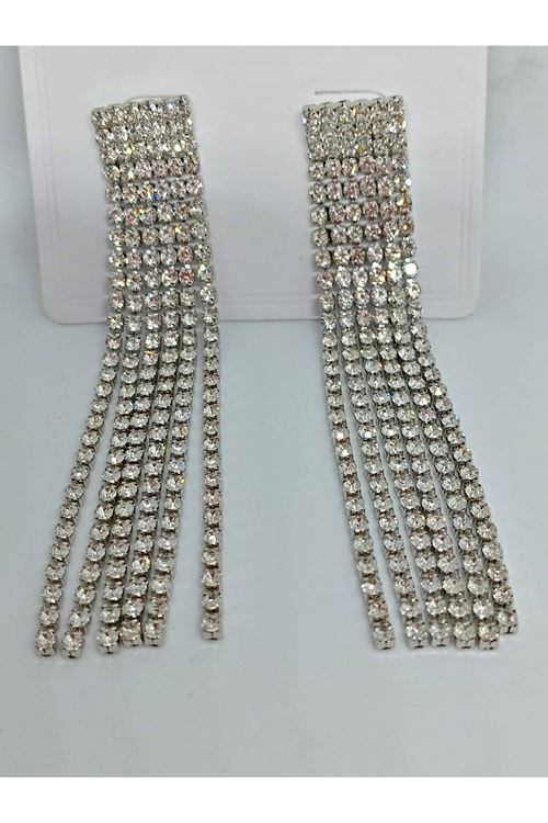 Taşlı Sallantılı Işıltılı Uzun Kadın Abiye Küpe, Püskül Küpe, Suyolu, 6 Şerit