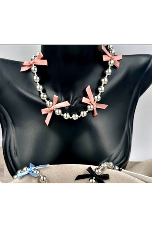 Pembe Fiyonk Kurdele Tasarımlı  Gümüş Kadın Kolye