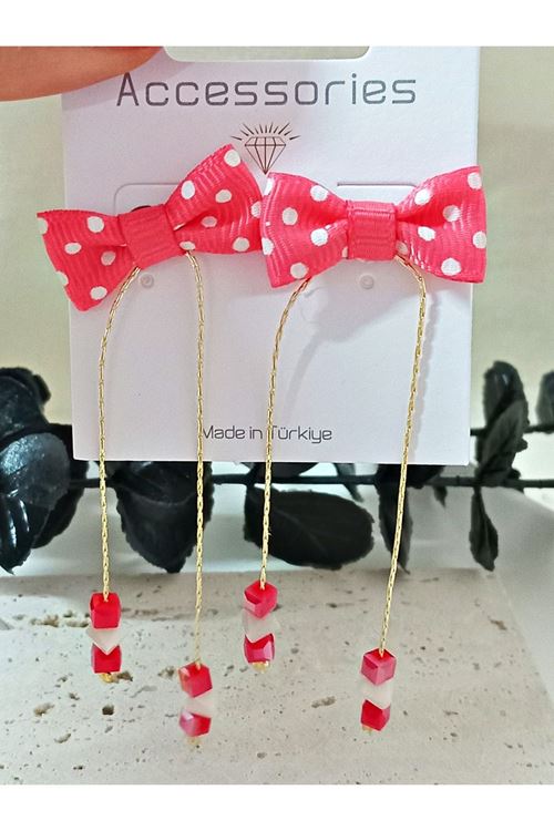 Pembe Puantiyeli Fiyonk  Sallantılı Kadın Küpe
