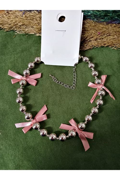 Pembe Fiyonk Kurdele Tasarımlı  Gümüş Kadın Kolye
