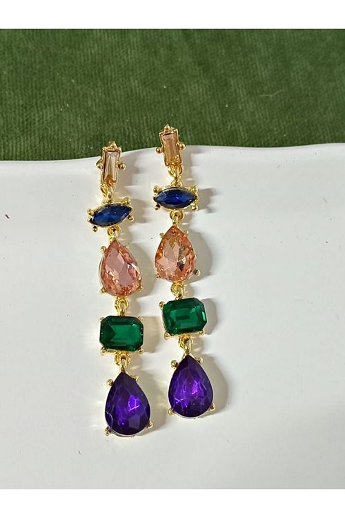 Mor Yeşil Pembe Zirkon Taşlı Sallantılı Uzun Abiye Kadın Küpe