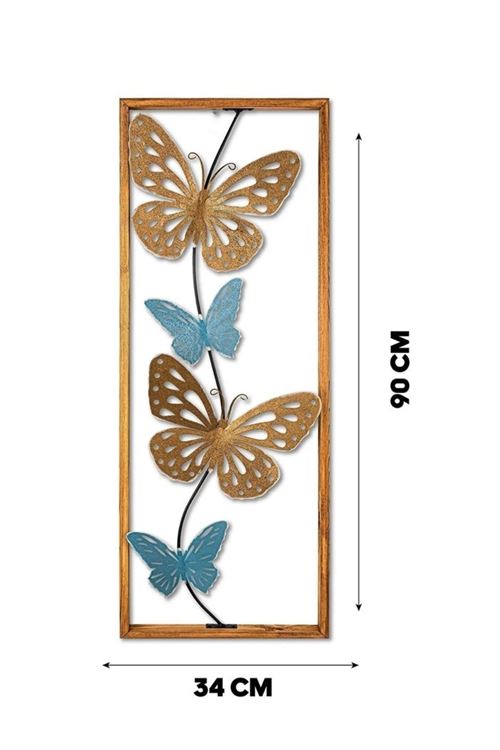 Ahşap Çerçeveli Metal Kelebek Dore Mavi Ev Ofis Duvar Süsü 32x90cm