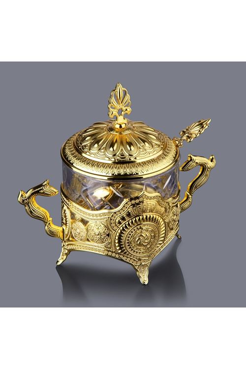 Gold Metal Kapaklı Kaşıklı Cam Şekerlik