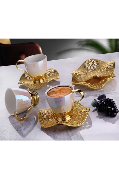 12 Parça 6 Kişilik Gold Metal Tabaklı Porselen Kahve Takımı