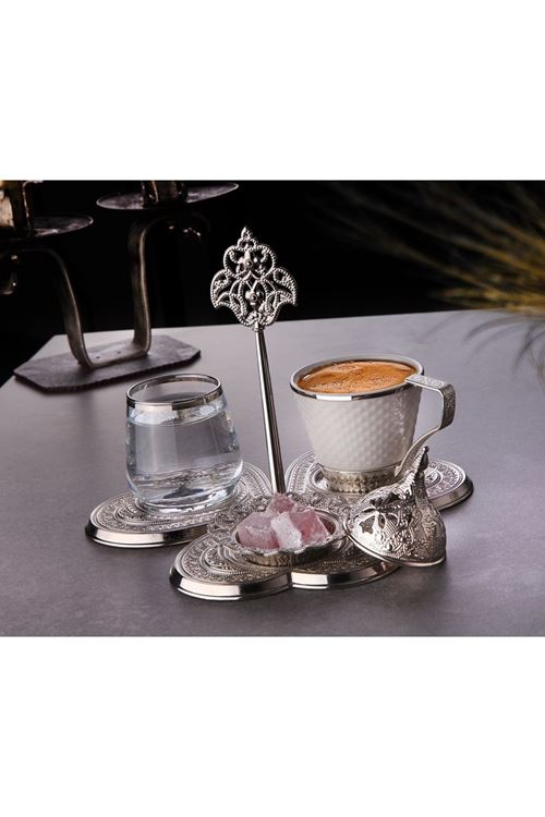 Tek Kişilik Gümüş Metal Porselen Kahve Takımı