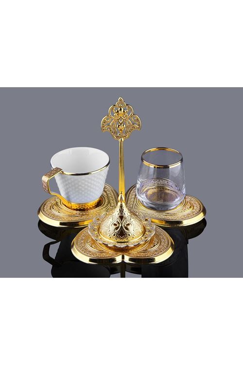 Tek Kişilik Gold Metal Porselen Kahve Takımı