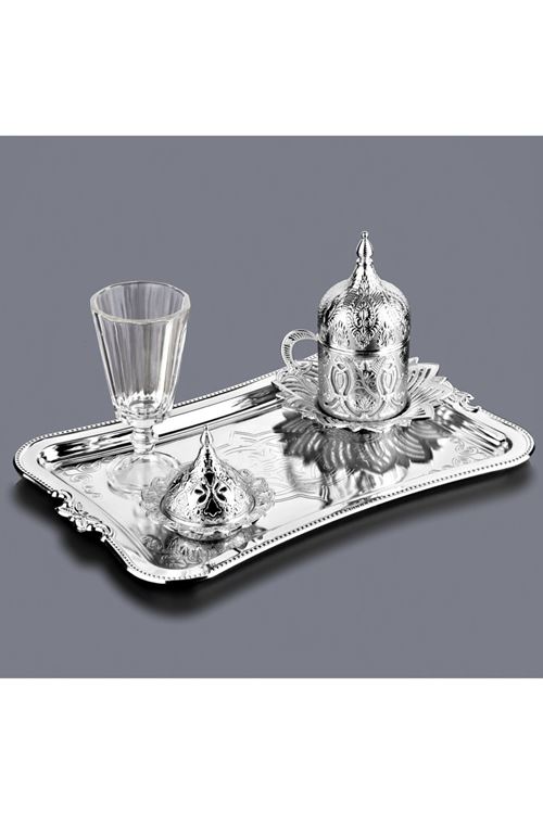Tek Kişilik Gümüş Metal Porselen Kahve Takımı