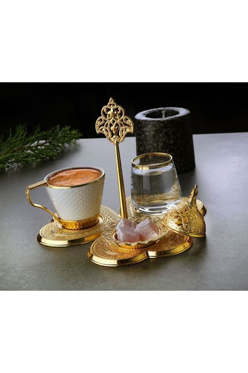 Tek Kişilik Gold Metal Porselen Kahve Takımı