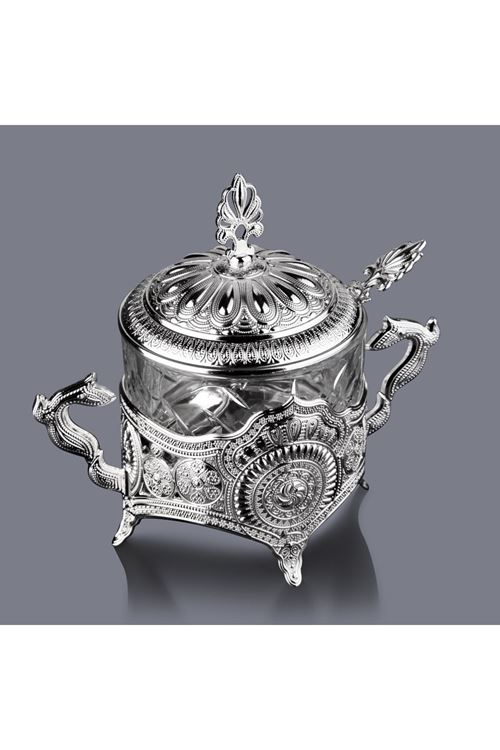 Gümüş Metal Kapaklı Kaşıklı Cam Şekerlik