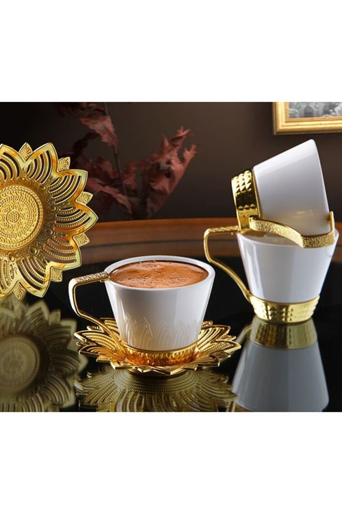 12 Parça 6 Kişilik Gold Metal Porselen Kahve Takımı