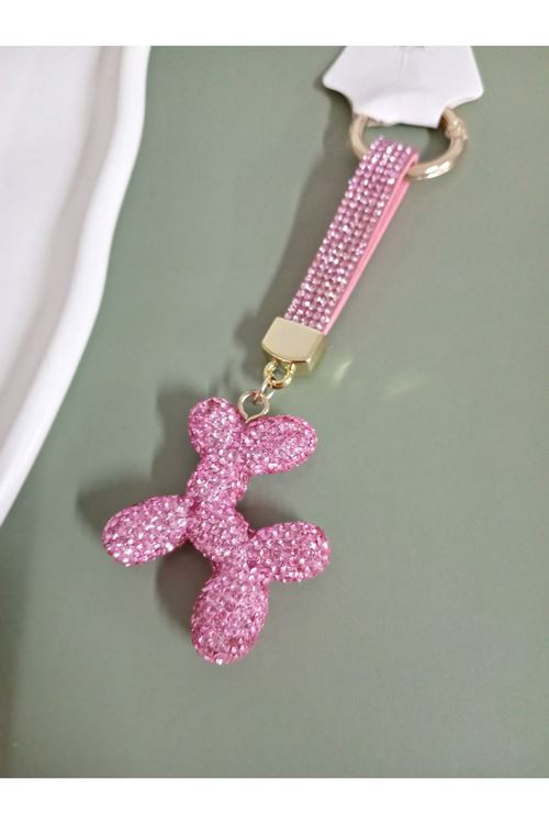 Balon Köpek Taşlı Pembe Anahtarlık