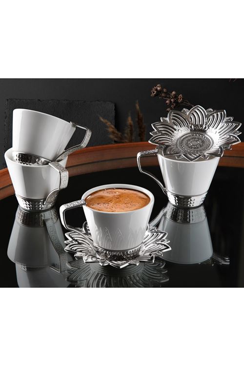 12 Parça 6 Kişilik Gümüş Metal Porselen Kahve Takımı