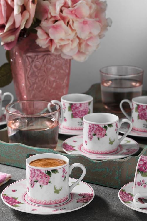 12 Parça 6 Kişilik Pembe Gül Kahve Takımı 90cc