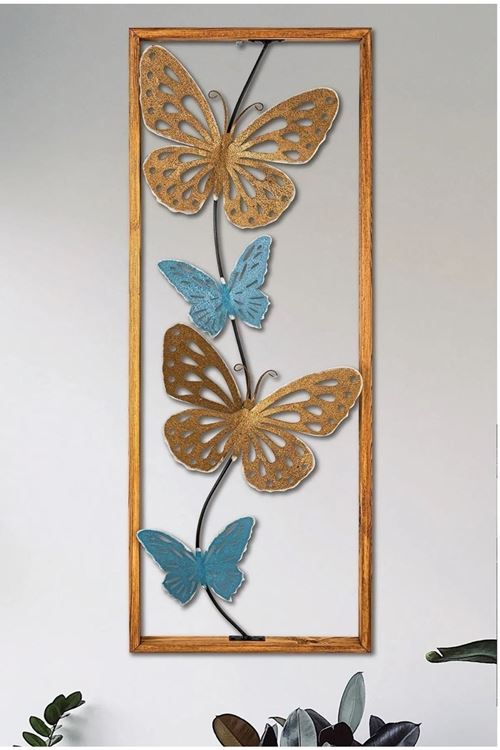 Ahşap Çerçeveli Metal Kelebek Dore Mavi Ev Ofis Duvar Süsü 32x90cm