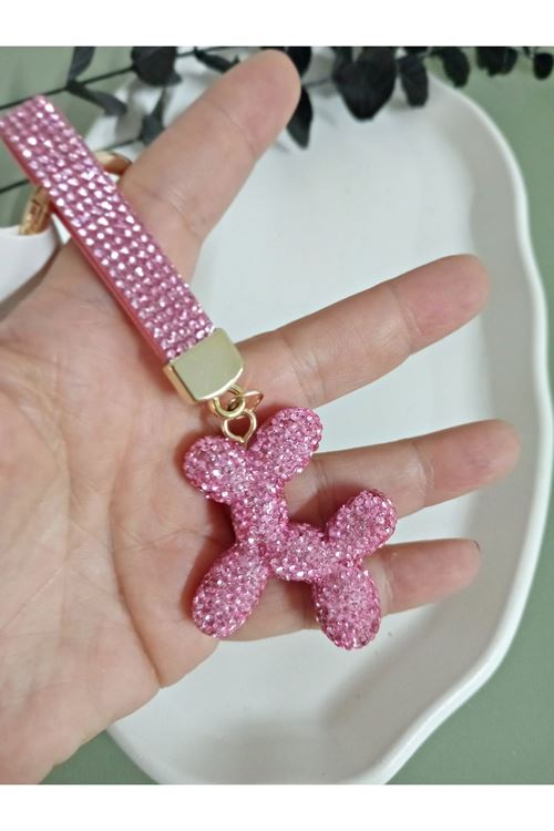 Balon Köpek Taşlı Pembe Anahtarlık