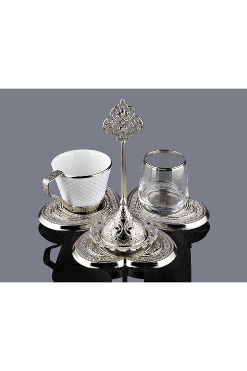 Tek Kişilik Gümüş Metal Porselen Kahve Takımı