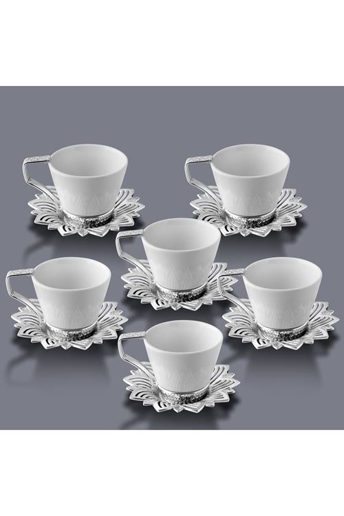 12 Parça 6 Kişilik Gümüş Metal Porselen Kahve Takımı