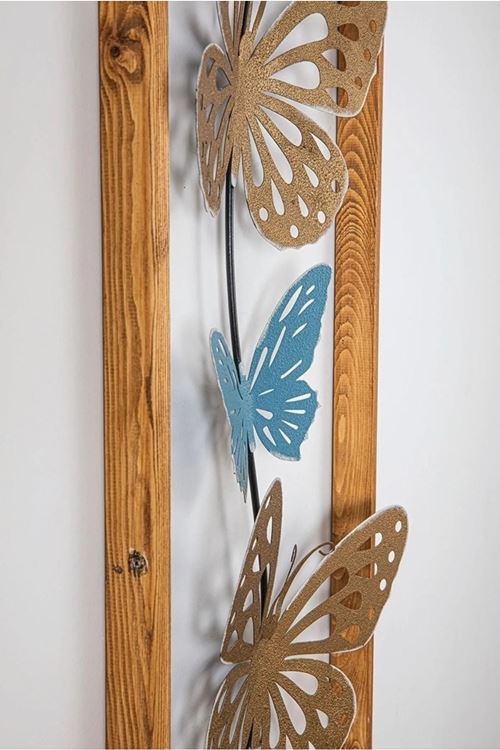 Ahşap Çerçeveli Metal Kelebek Dore Mavi Ev Ofis Duvar Süsü 32x90cm