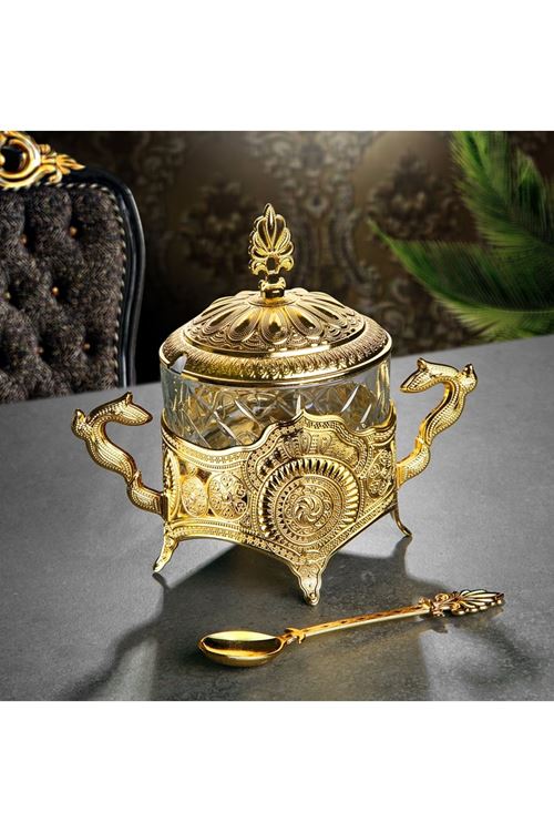 Gold Metal Kapaklı Kaşıklı Cam Şekerlik