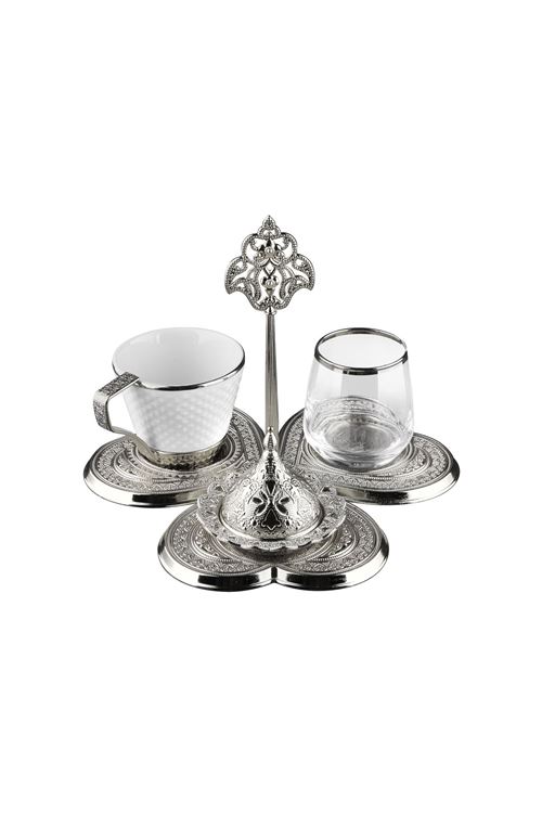Tek Kişilik Gümüş Metal Porselen Kahve Takımı