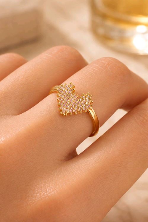 Gold Taşlı Kalp Kibar Yüzük, Ayarlanabilir