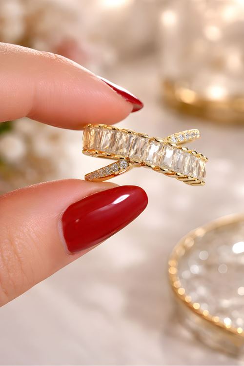 Gold Baget Taşlı Çapraz Yüzük, Ayarlanabilir