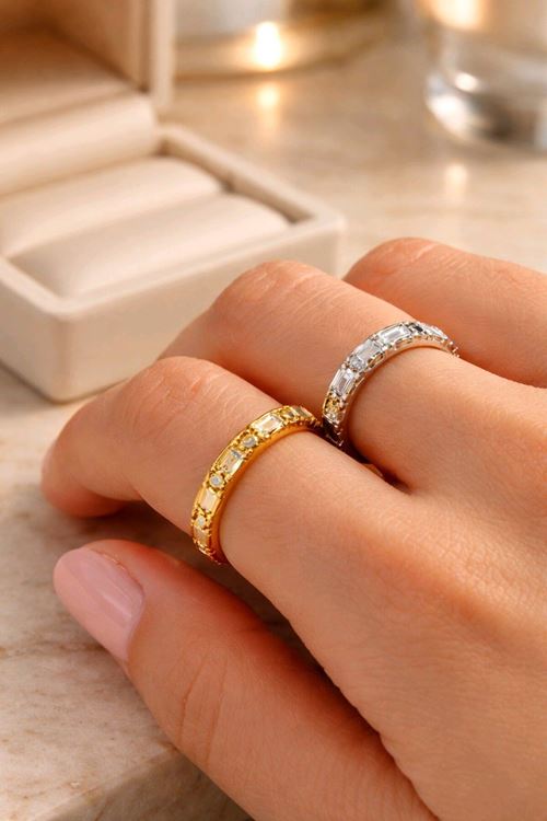 Gold Gümüş 2 'li Kombin Yüzük , Baget Taşlı