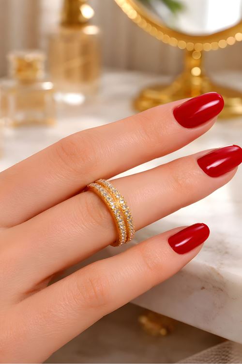 Gold Taşlı Çift Sıralı Yüzük, Ayarlanabilir