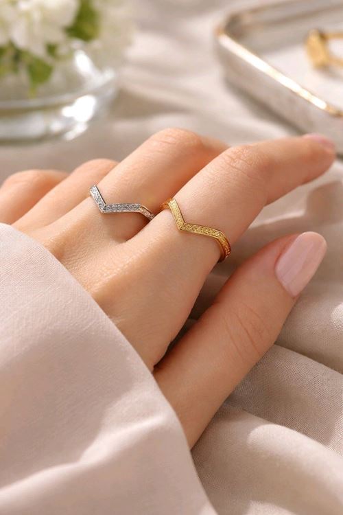 Gold Ve Gümüş 2 Li Taşlı Yüzük, Ayarlanabilir