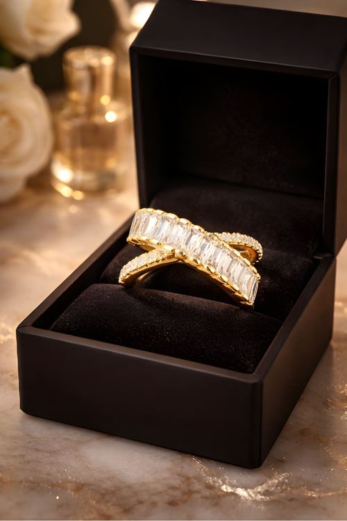 Gold Baget Taşlı Çapraz Yüzük, Ayarlanabilir