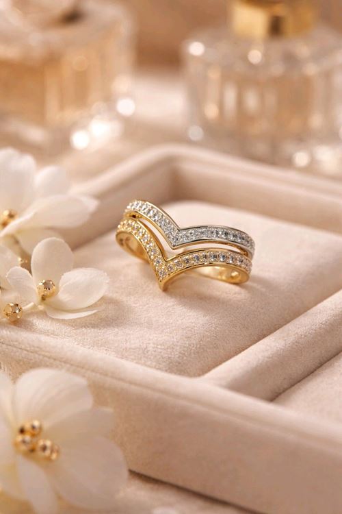 Gold Ve Gümüş 2 Li Taşlı Yüzük, Ayarlanabilir