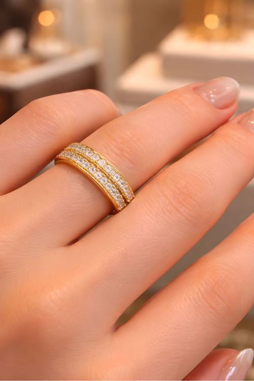 Gold Taşlı Çift Sıralı Yüzük, Ayarlanabilir
