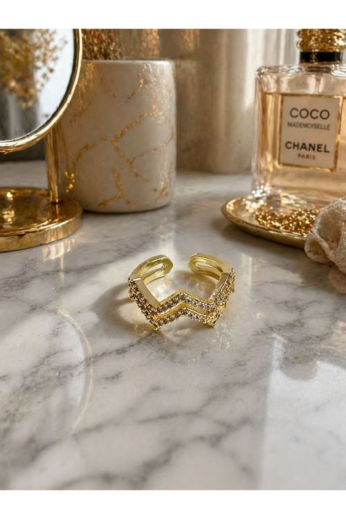 Gold Taşlı Zikzak Yüzük, Ayarlanabilir