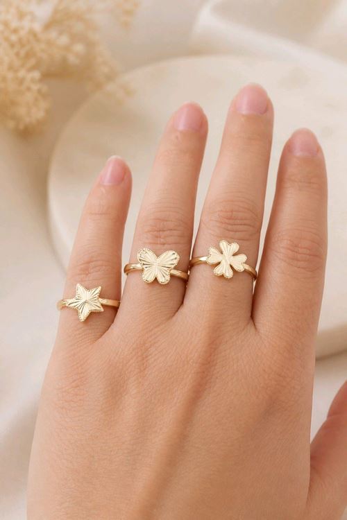 Gold 3 Lü Set Yıldız,Yonca ve Kelebek Yüzük, Ayarlanabilir