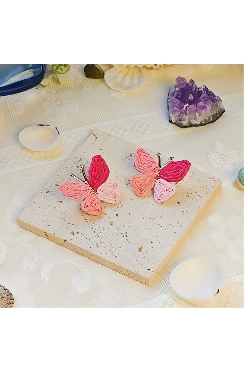 Pembe Rafya Kelebek Yaz Modası Hafif Kadın Küpe