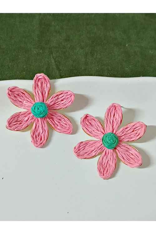 Pembe Papatya Yaz Modası Rafya Hafif Kadın Küpe