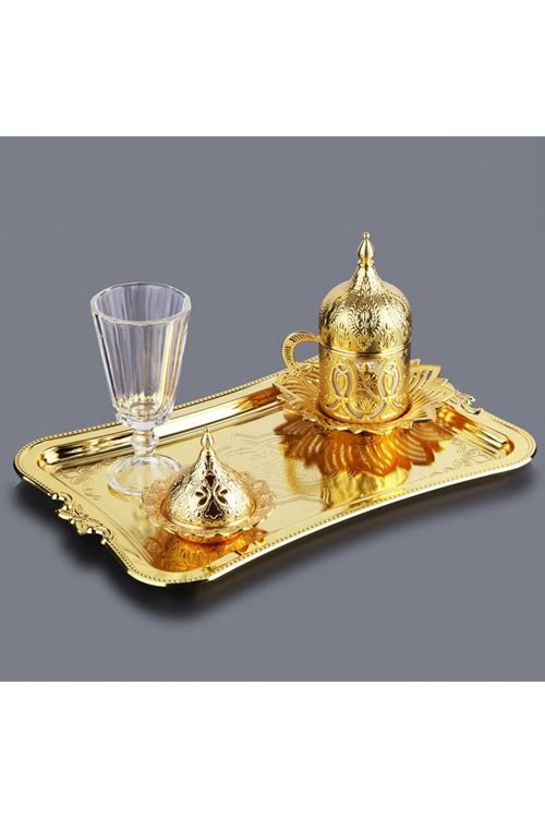 Tek Kişilik Gold Metal Porselen Kahve Takımı