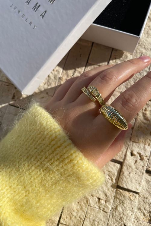 Palm Mama Jewelry Kadın Gold Zirkon Taşlı Ayarlanabilir Çelik Yüzük