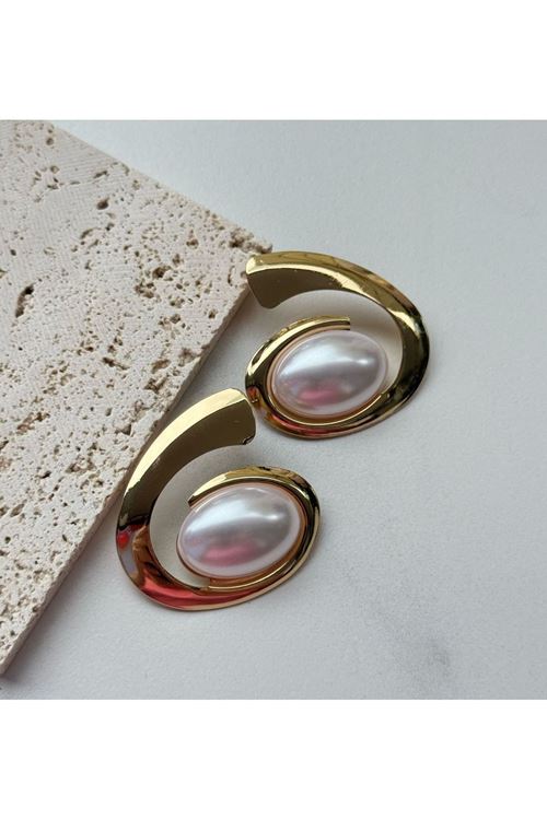 Gold Beyaz İnci Spiral Şık Kadın Küpe